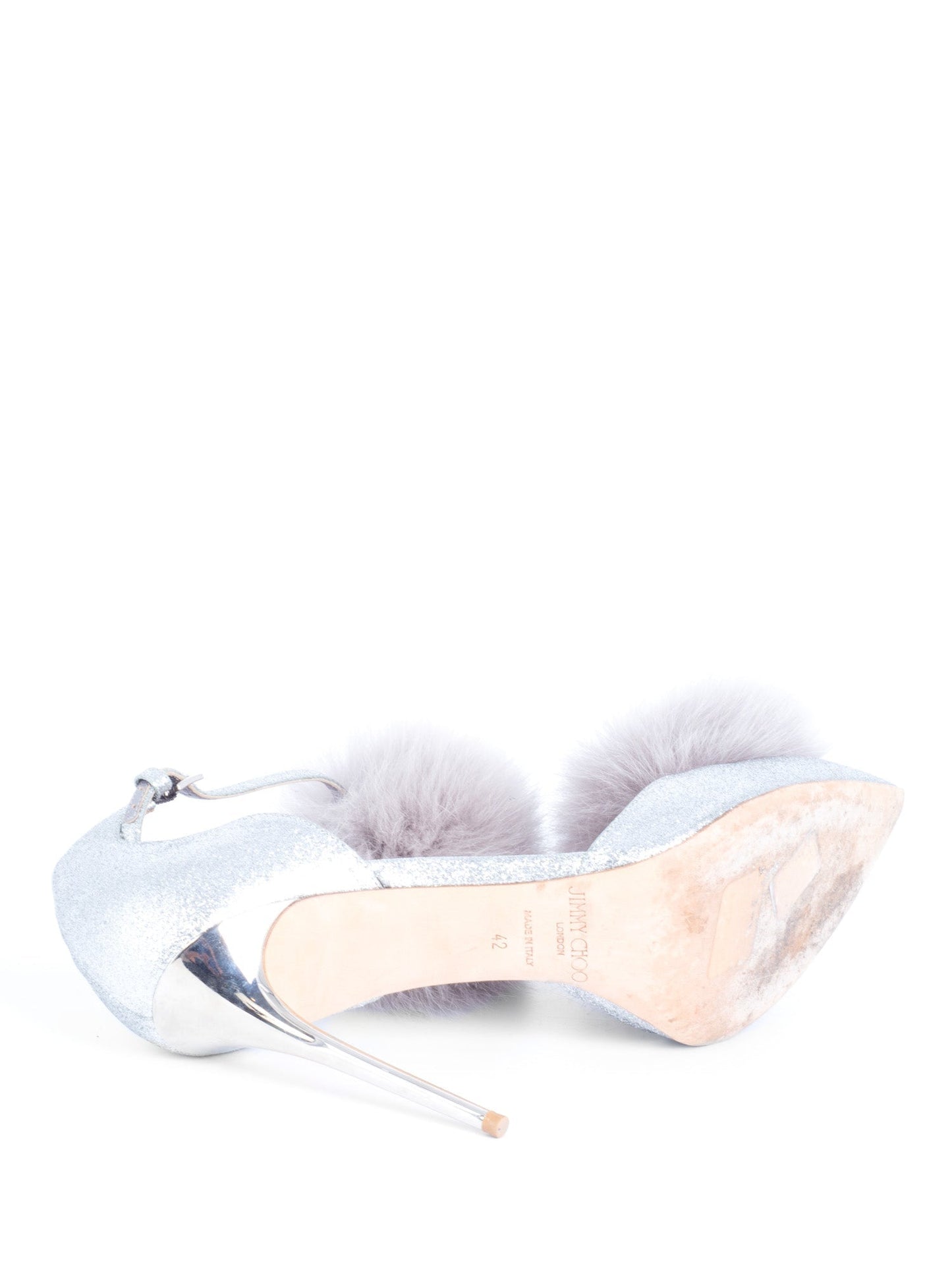 Jimmy Choo Glitter Pom Pom Fur Pumps Silver
