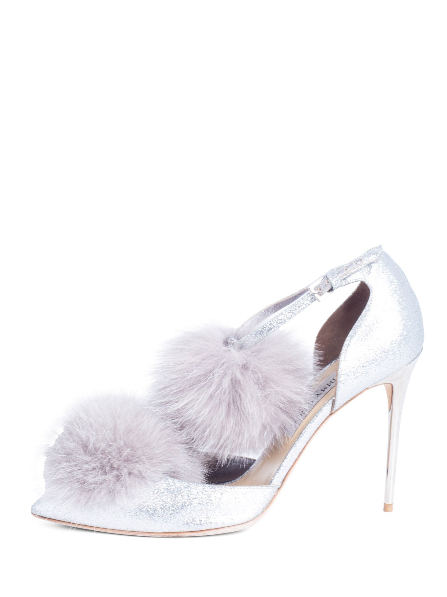 Jimmy Choo Glitter Pom Pom Fur Pumps Silver