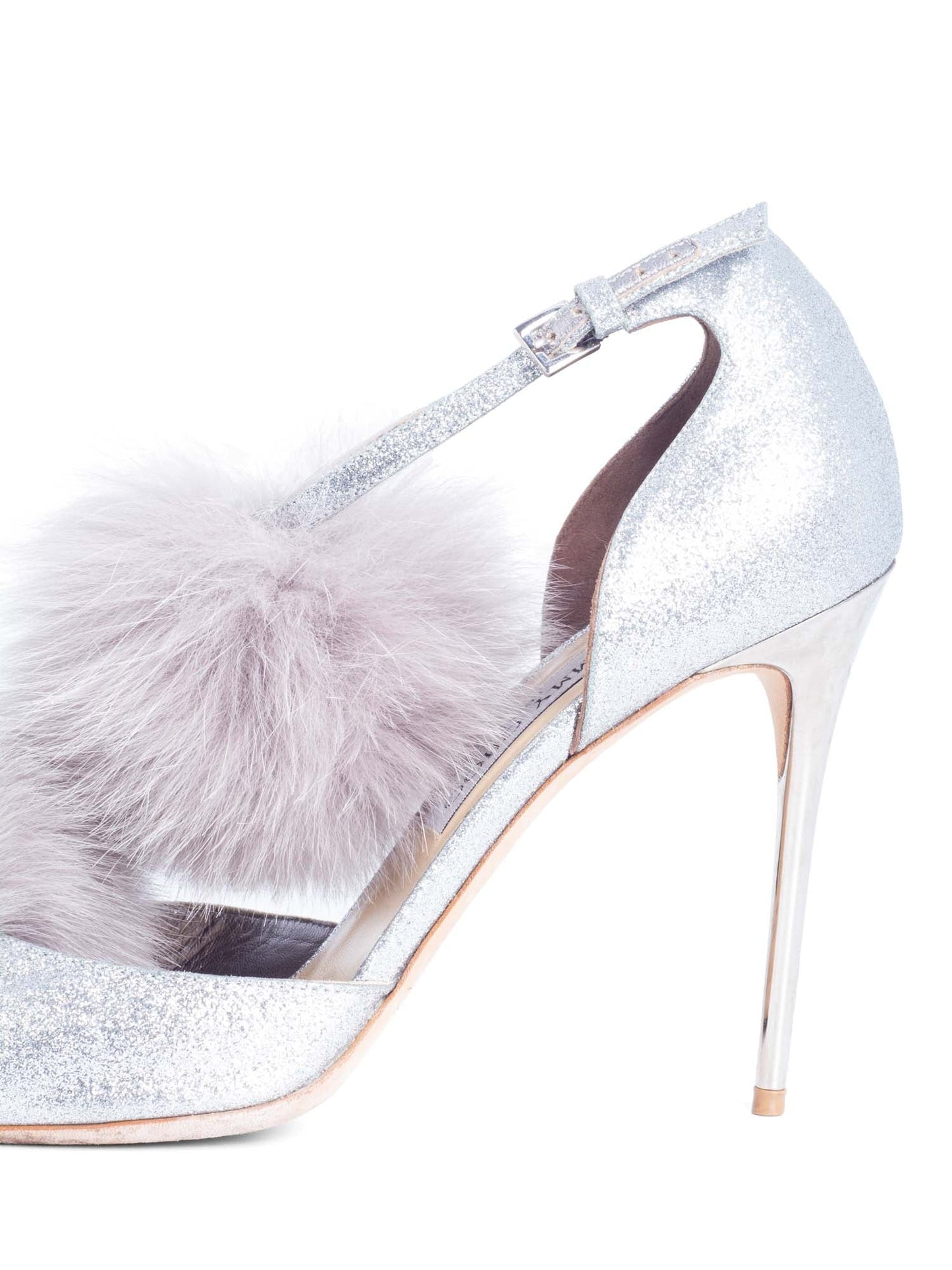 Jimmy Choo Glitter Pom Pom Fur Pumps Silver