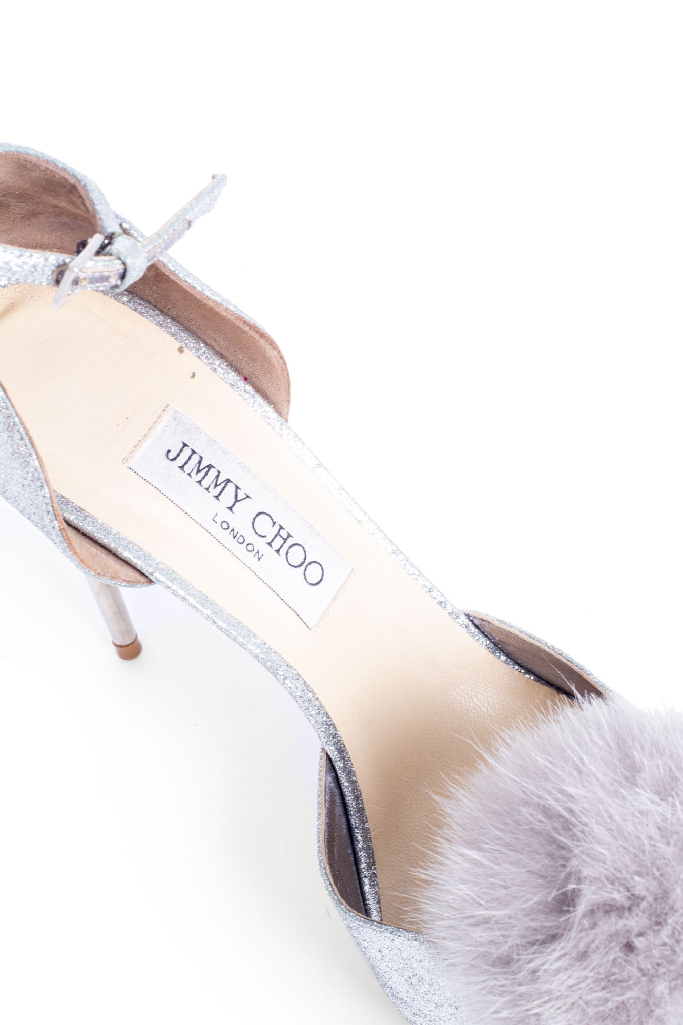 Jimmy Choo Glitter Pom Pom Fur Pumps Silver