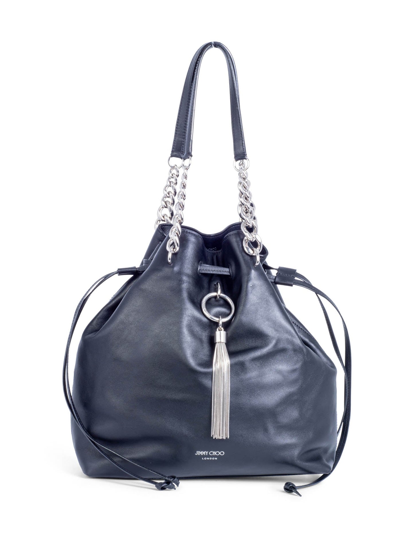 Jimmy Choo Leather Top Handle Tassel Bucket Bag Black Silver
