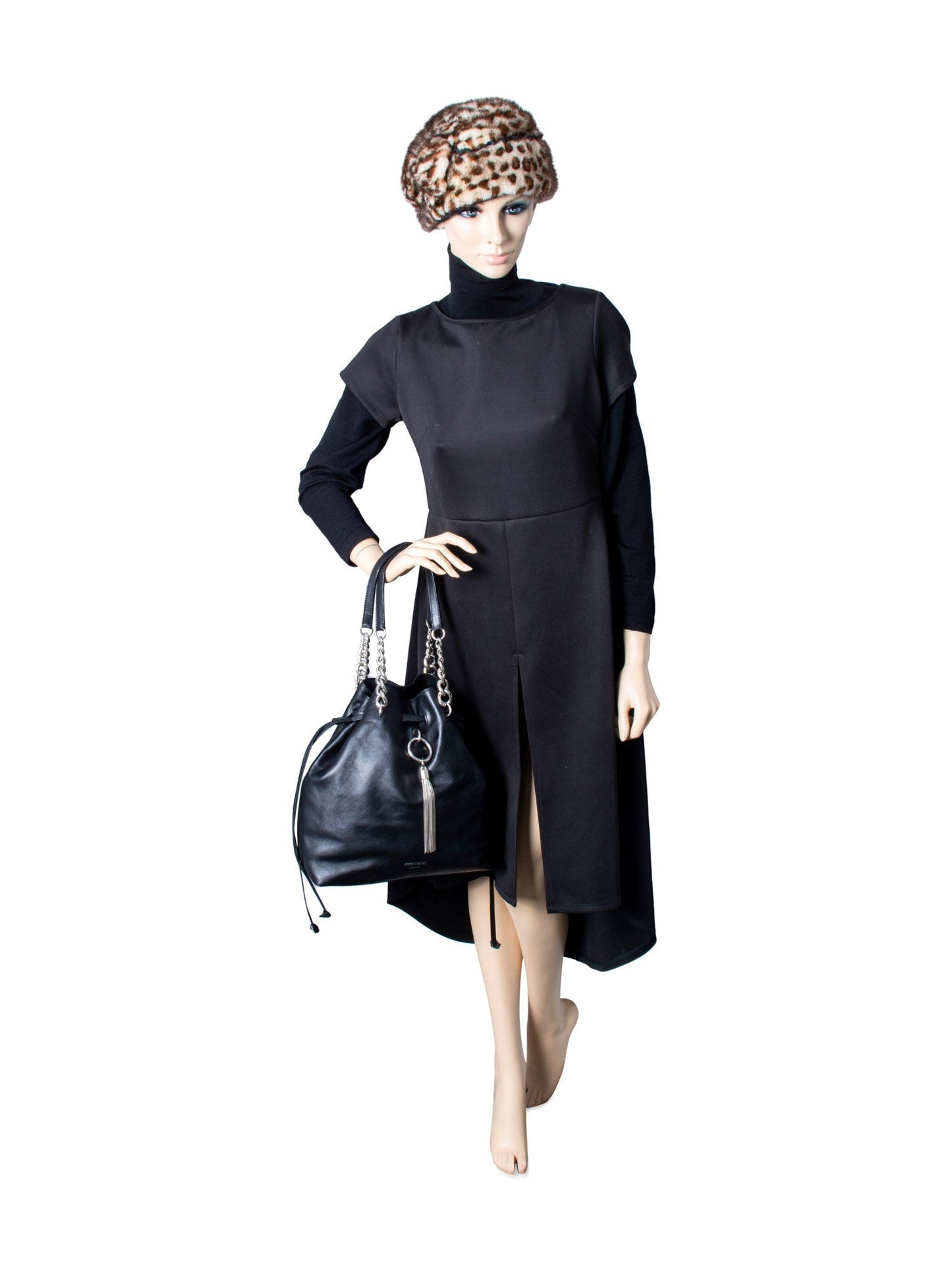 Jimmy Choo Leather Top Handle Tassel Bucket Bag Black Silver