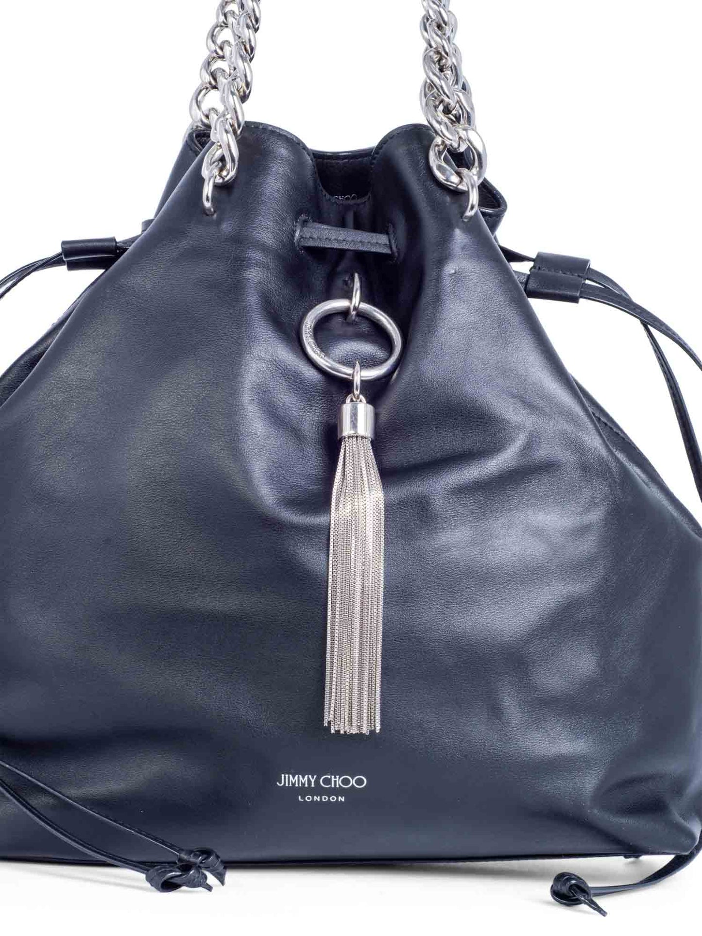 Jimmy Choo Leather Top Handle Tassel Bucket Bag Black Silver