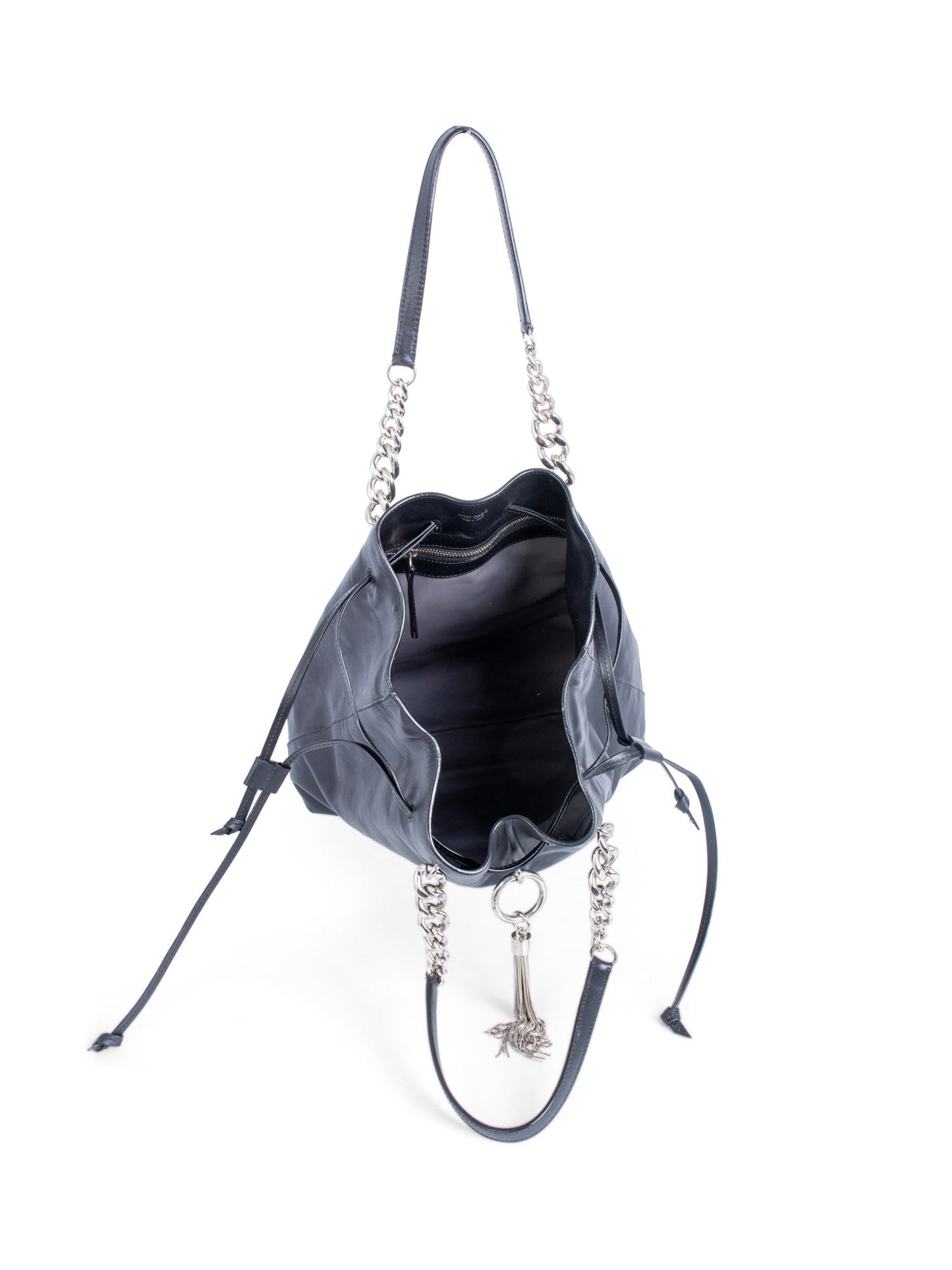 Jimmy Choo Leather Top Handle Tassel Bucket Bag Black Silver
