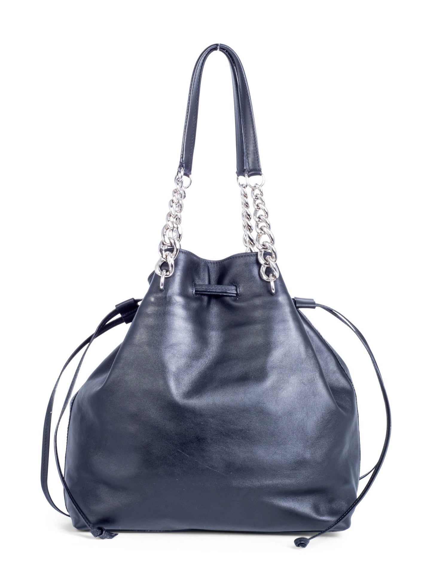 Jimmy Choo Leather Top Handle Tassel Bucket Bag Black Silver