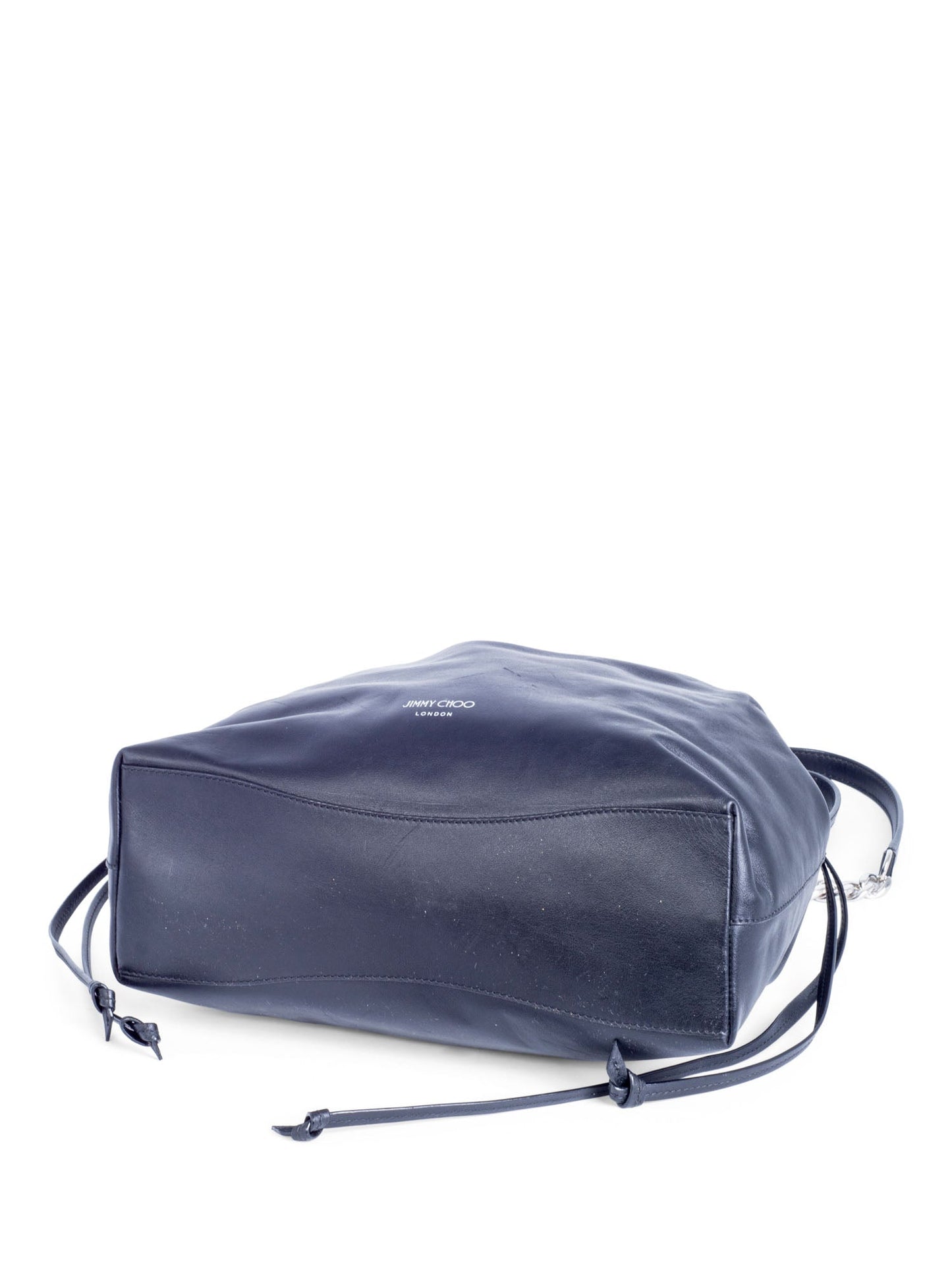 Jimmy Choo Leather Top Handle Tassel Bucket Bag Black Silver