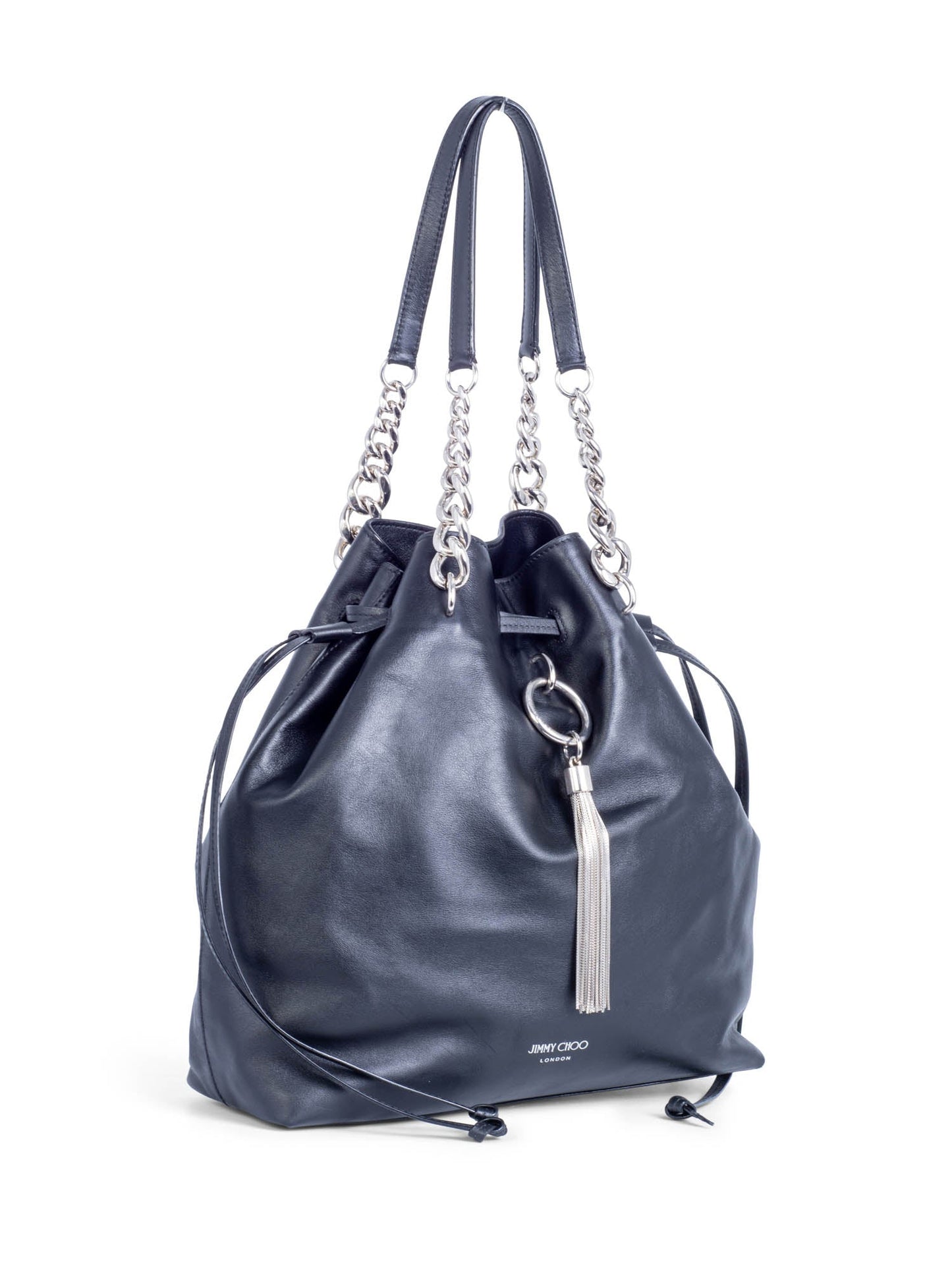 Jimmy Choo Leather Top Handle Tassel Bucket Bag Black Silver