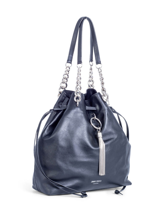 Jimmy Choo Leather Top Handle Tassel Bucket Bag Black Silver
