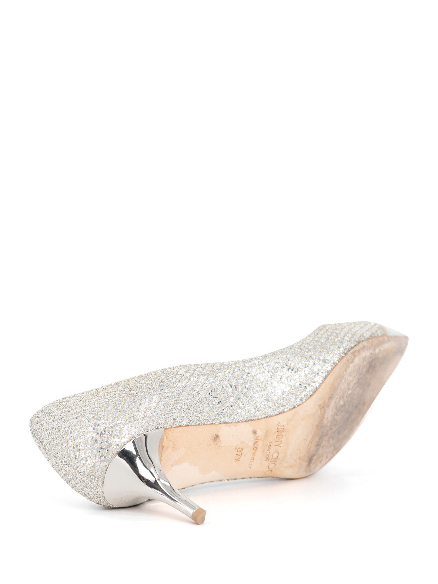 Jimmy Choo Logo Glitter Kitten Heel Pointy Shoes Silver