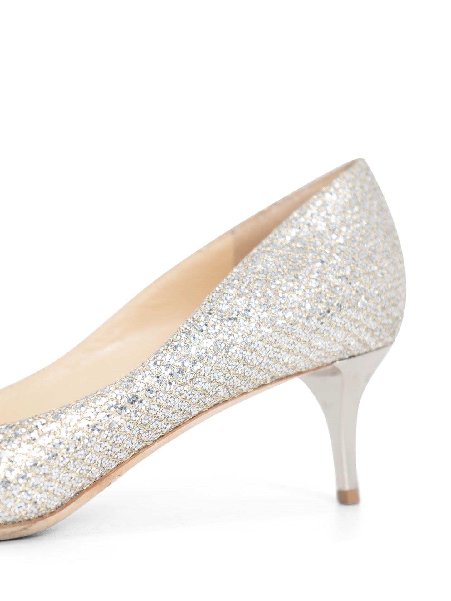 Jimmy Choo Logo Glitter Kitten Heel Pointy Shoes Silver