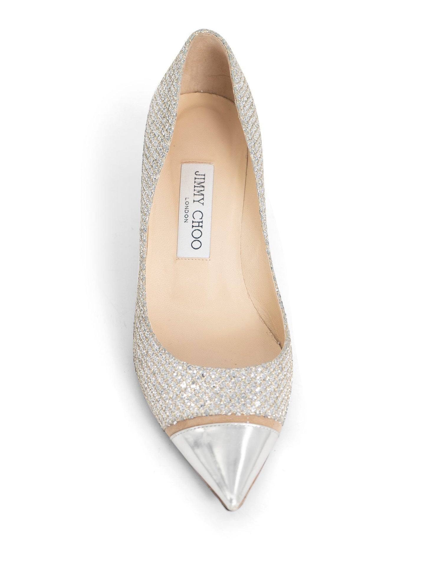 Jimmy Choo Logo Glitter Kitten Heel Pointy Shoes Silver