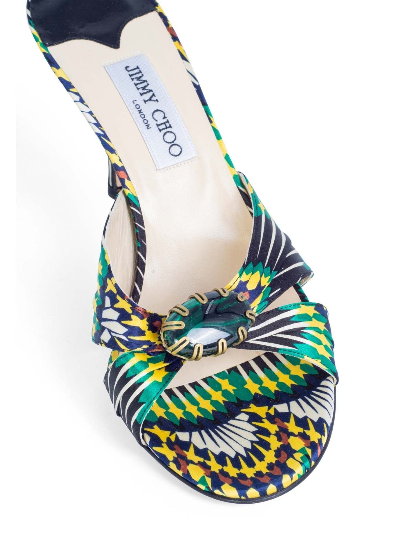 Jimmy Choo Satin Floral Malachite Jewel Slip On Heel Multicolor