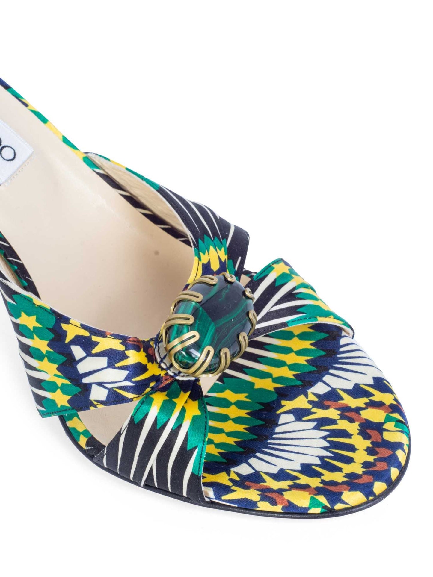 Jimmy Choo Satin Floral Malachite Jewel Slip On Heel Multicolor