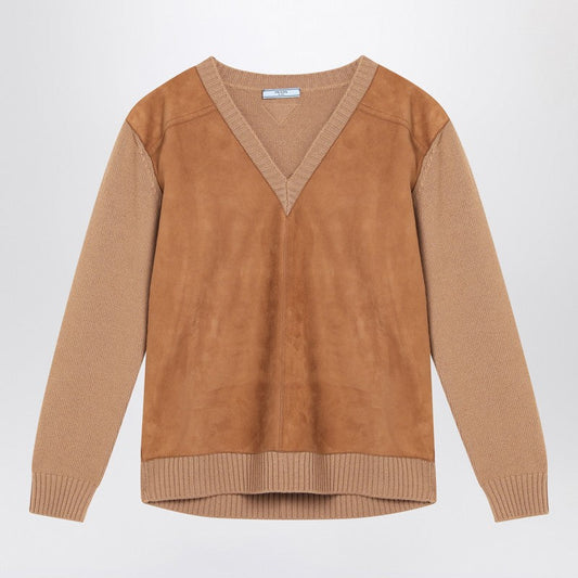 Prada Camel-Colored Wool And Suede Sweater Women