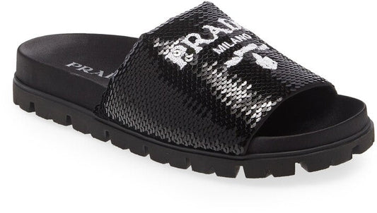 PRADA LOGO SEQUIN SLIDE SANDALS