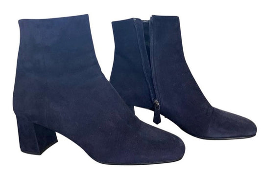 PRADA NAVY SUEDE CHUNKY HEEL BOOTS