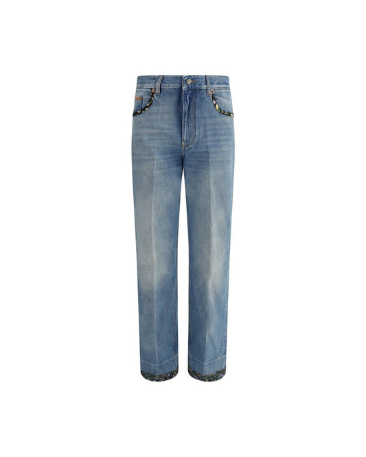 Valentino Straight Leg Jeans Floral Trim Women Blue Pants Blue
