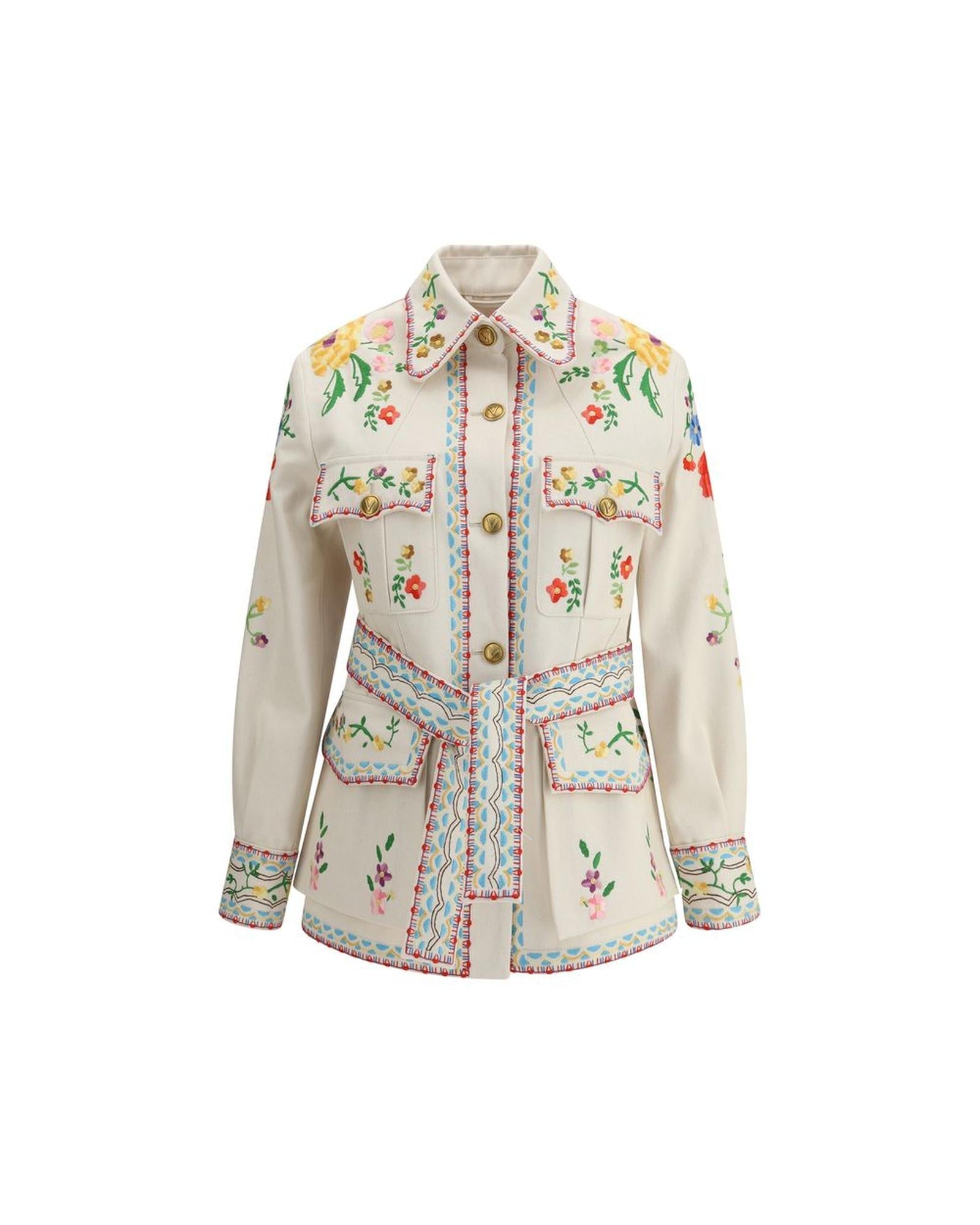 Valentino Floral Embroidered Belted Jacket Women Multicolor Coats Multicolor