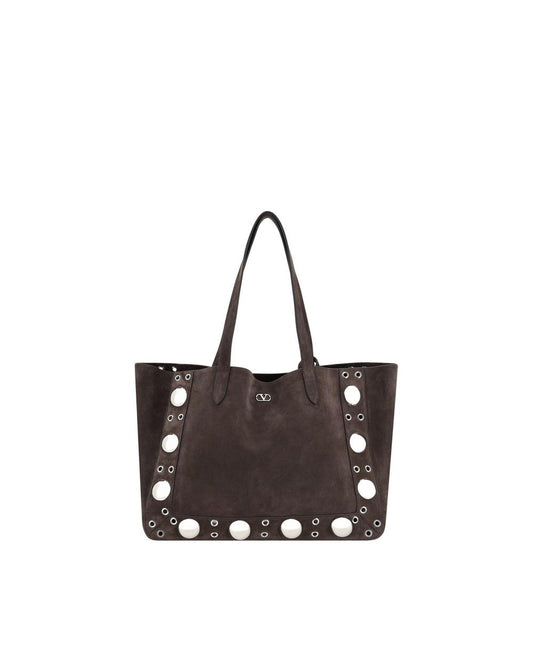 Valentino Garavani Suede Leather Tote Eyelet Detail Women Brown Shoulder Bags ONE SIZE Brown