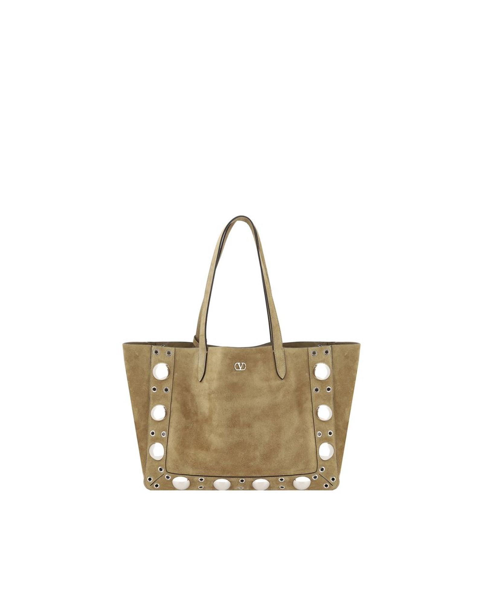 Valentino Garavani Elegant Suede Tote Bag with VLogo Plaque and Mirrored Studs Women Brown Shoulder Bags ONE SIZE Brown