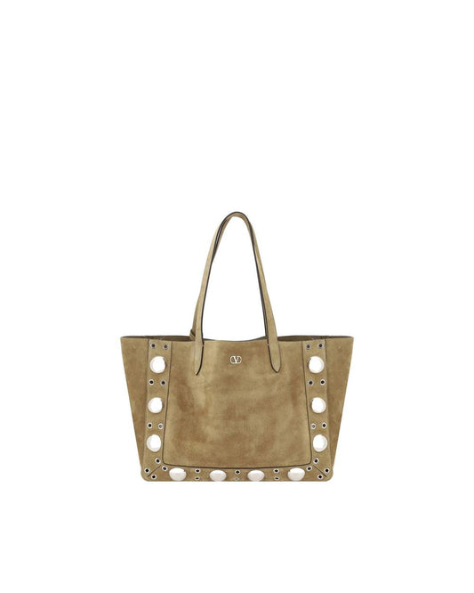 Valentino Garavani Elegant Suede Tote Bag with VLogo Plaque and Mirrored Studs Women Brown Shoulder Bags ONE SIZE Brown