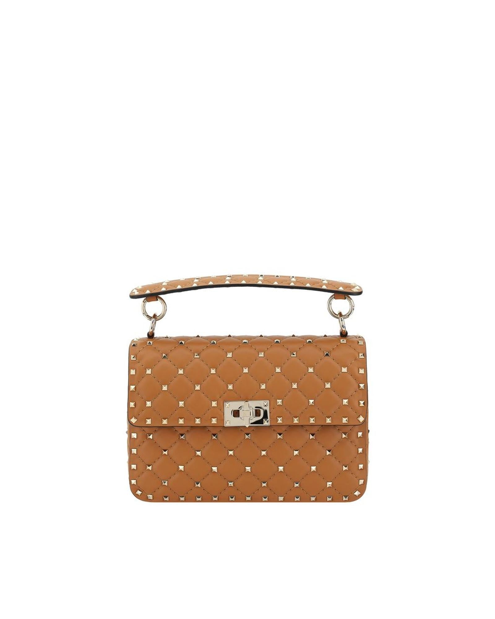 Valentino Garavani Rockstud Spike Leather Shoulder Bag with Studded Strap and Swivel Closure ONE SIZE Brown