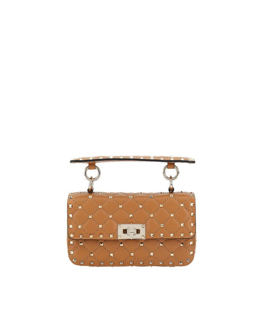Valentino Garavani Rockstud Spike Small Leather Handbag with Applique Studs and Removable Chain Strap ONE SIZE Brown