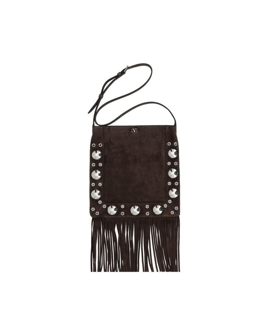 Valentino Garavani Suede Fringe Crossbody Bag with Studs Women Brown Shoulder Bags ONE SIZE Brown