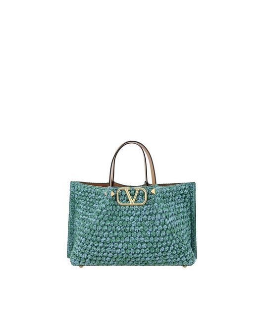 Valentino Garavani Raffia Tote Bag with Metal VLogo and Leather Pouch Women Light Blue Shoulder Bags ONE SIZE Light Blue
