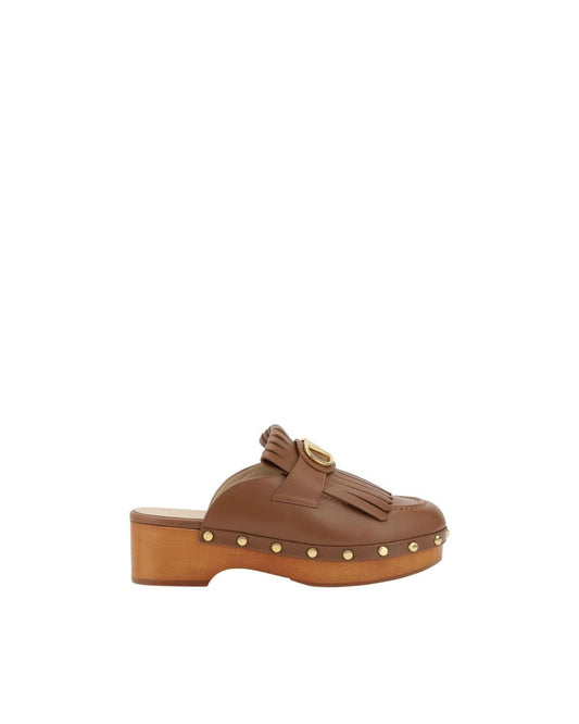 Valentino Garavani Rockstud Leather Clogs Platform Women Brown Sandals Brown