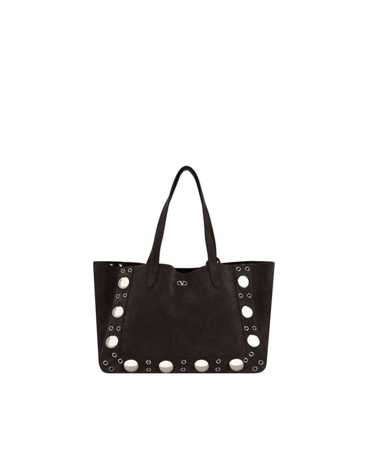 Valentino Garavani Suede Leather Tote Eyelet Detail Men Brown Shoulder Bags ONE SIZE Brown