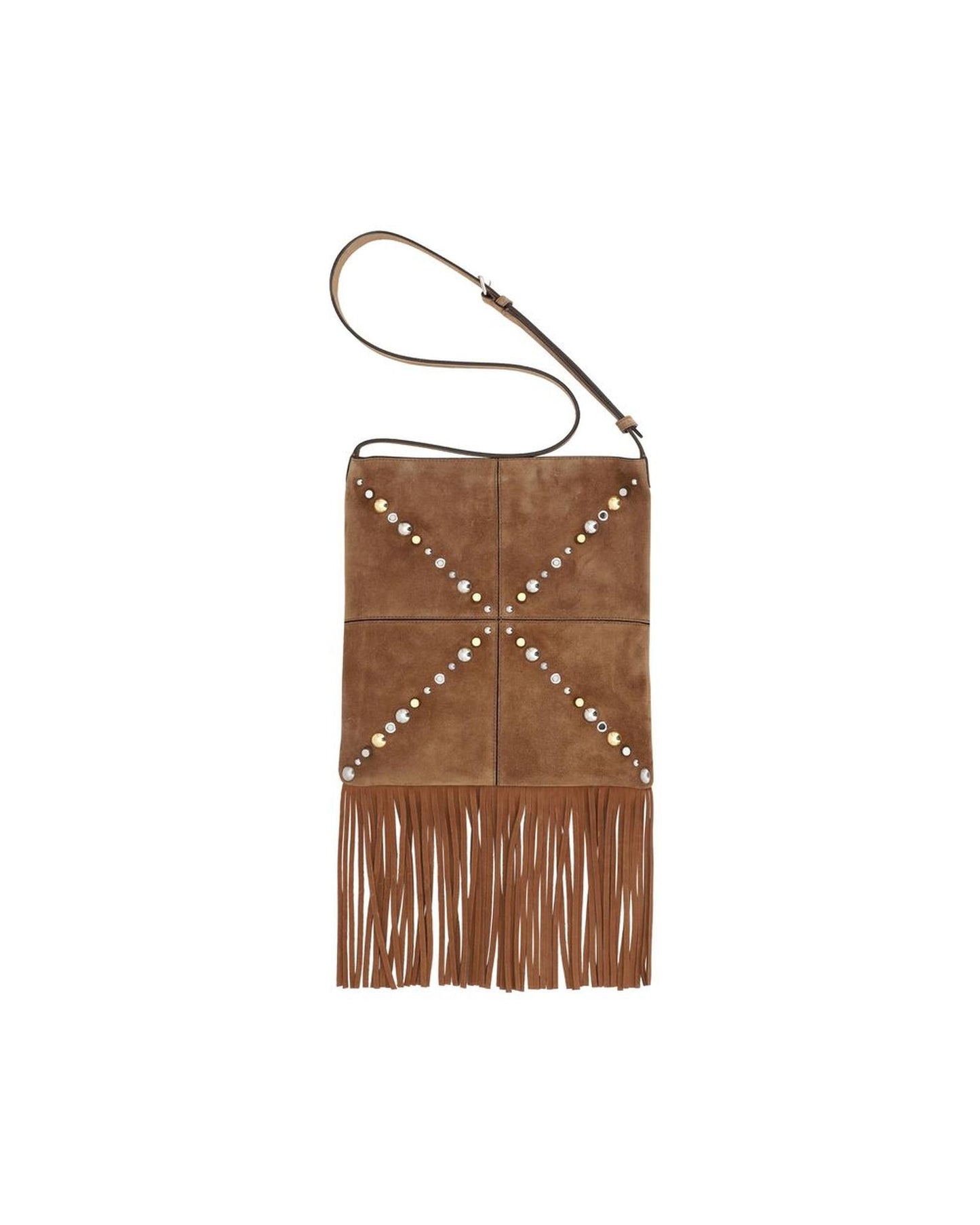 Valentino Garavani Suede Fringe Crossbody Bag with Studs Men Brown Shoulder Bags