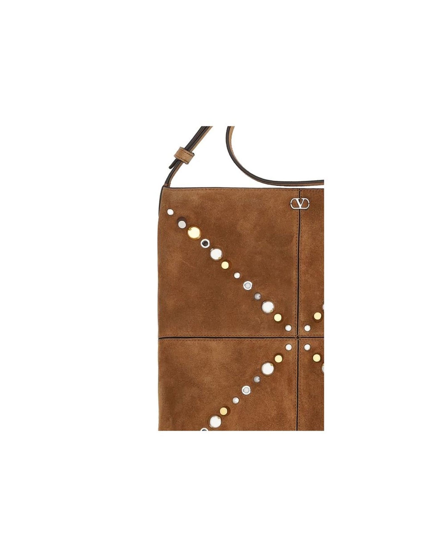 Valentino Garavani Suede Fringe Crossbody Bag with Studs Men Brown Shoulder Bags