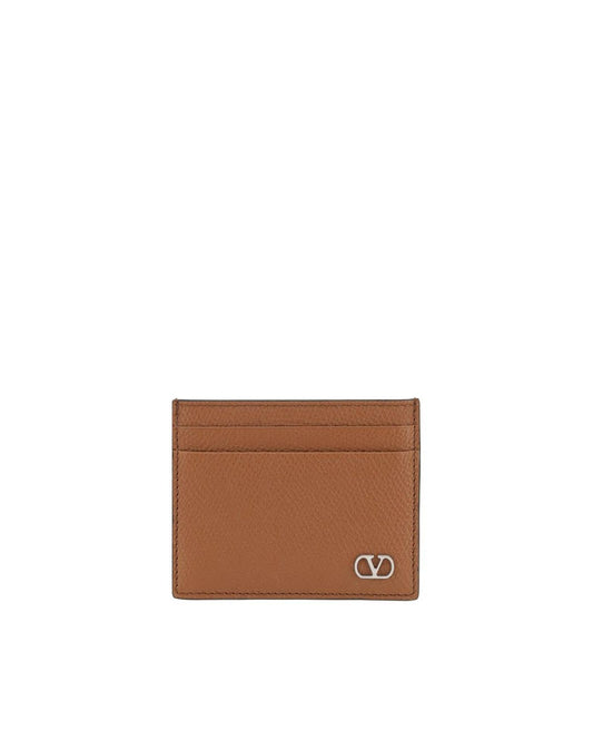 Valentino Garavani Luxury Grained Leather Card Holder with Embossed Logo Brown