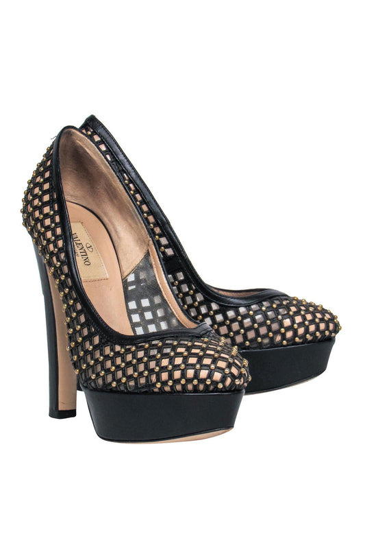 Valentino - Black & Beige Mesh Gold Studded Platform Pumps Sz 7