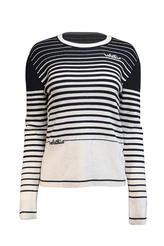Valentino - Black & Cream Striped Wool & Cashmere Blend Sweater Sz XL