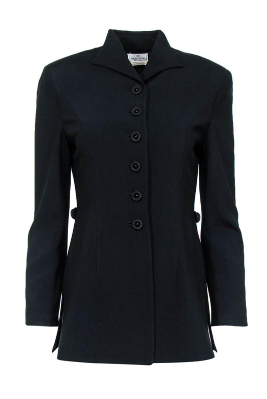 Valentino - Black Fitted Longline Coat w/ Embroidered Buttons Sz M