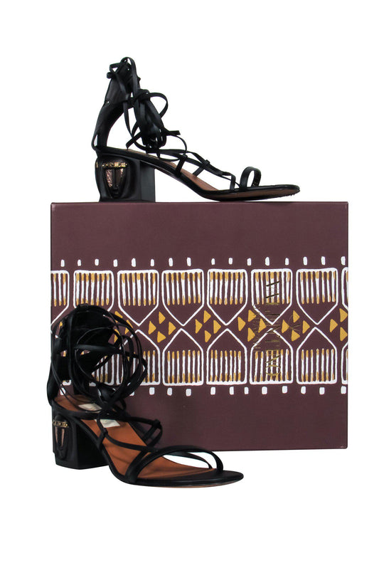 Valentino - Black Leather Lace-Up Block Heel Pumps w/ Tribal Hardware Sz 7