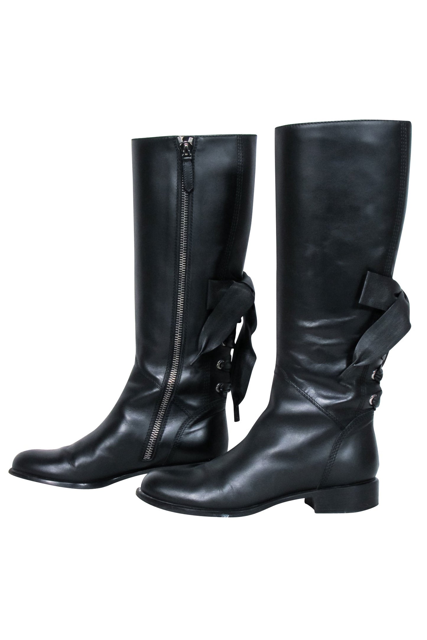 Valentino - Black Leather Lace Up Bow Tall Boots Sz 7