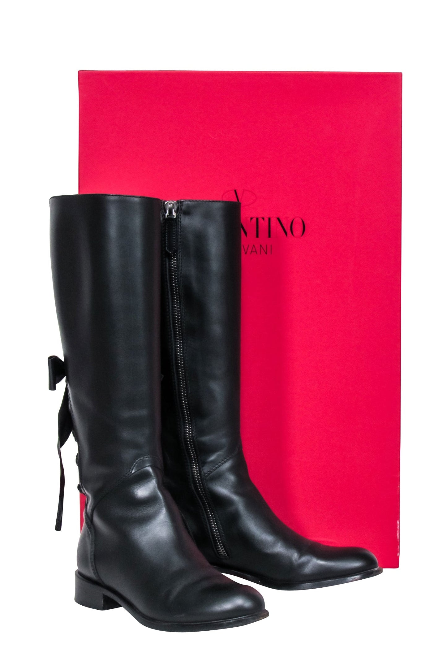 Valentino - Black Leather Lace Up Bow Tall Boots Sz 7