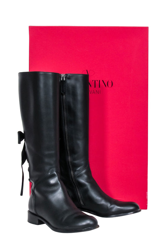 Valentino - Black Leather Lace Up Bow Tall Boots Sz 7