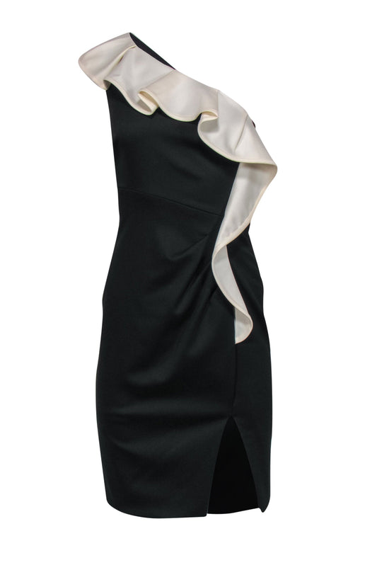 Valentino - Black One Shoulder Sheath Cocktail Dress w/ Ivory Ruffle Sz 4