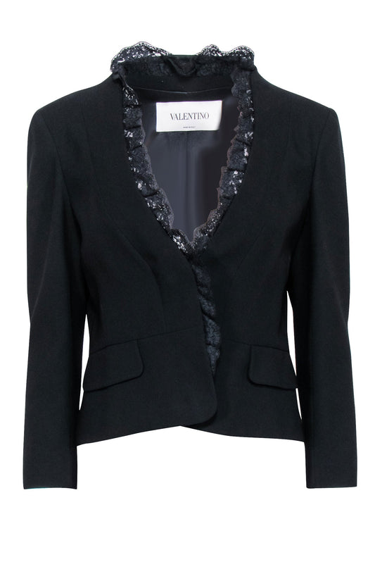 Valentino - Black Open-Front Blazer w/ Lace Trim Sz 8