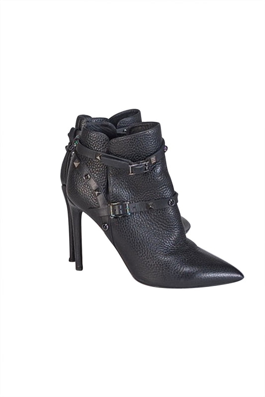 Valentino - Black Pebbled Leather Studded Trim Short Heel Boots Sz 7