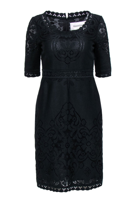 Valentino - Black Short Sleeve Eyelet Lace Sheath Dress Sz 6