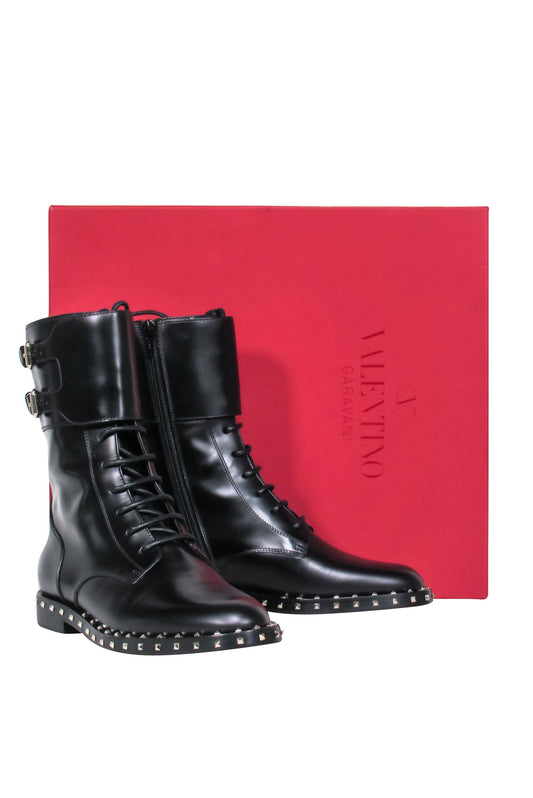 Valentino - Black Studded Trim Combat Boots Sz 6.5