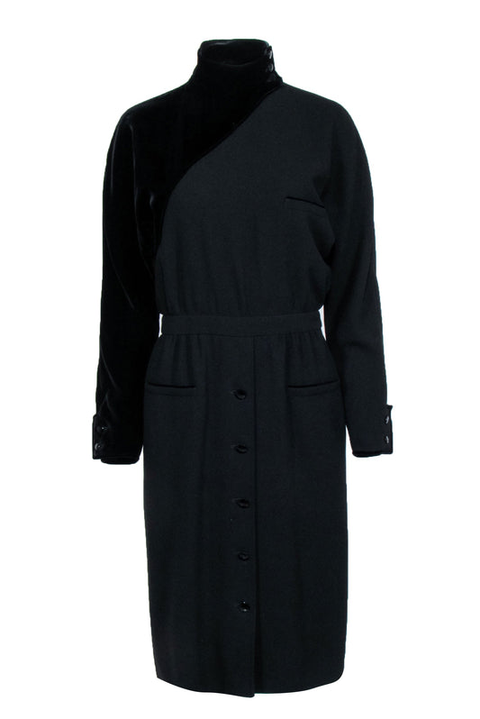 Valentino - Black Velvet Textured Detail Long Sleeve Dress Sz 10