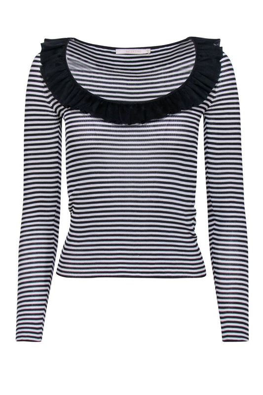 Valentino - Black & White Stripe Ribbed Knit w/ Ruffle Neck Top Sz M