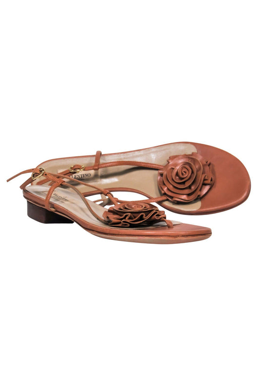 Valentino - Brown Leather Strappy Heeled Sandals w/ Rosette Design Sz 9
