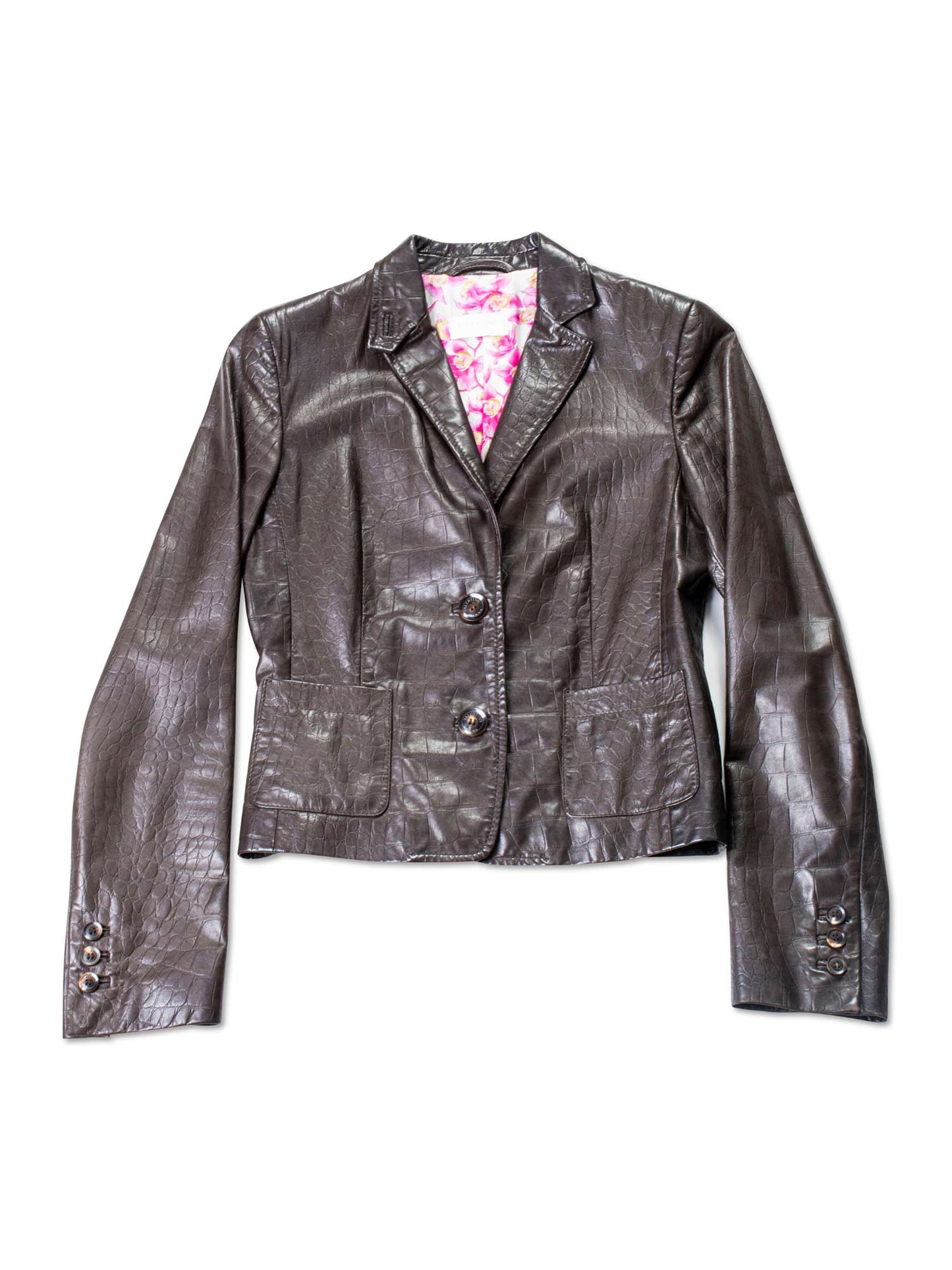 Valentino Crocodile Embossed Leather Fitted Jacket Brown